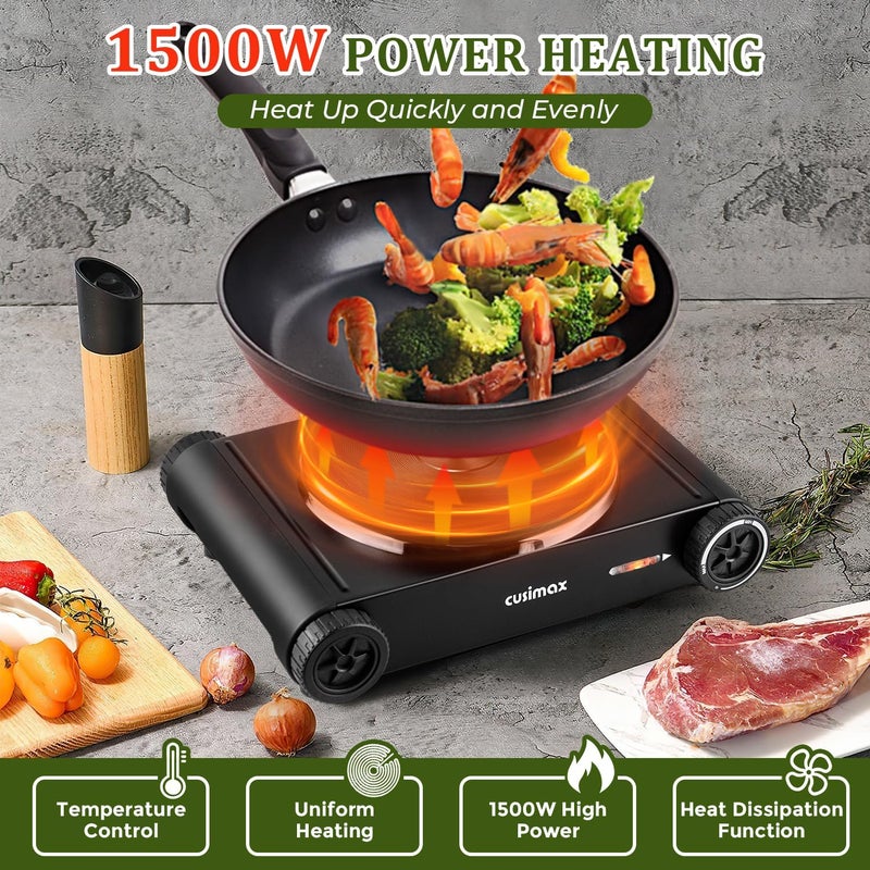 CUSIMAX Hot Plate,1500W Hot Plate Electric with 7.4″Cast Iron Countertop Single Burner,Electric Stove Top Burner for Cooking,Temperature Controls,Black - Image 3